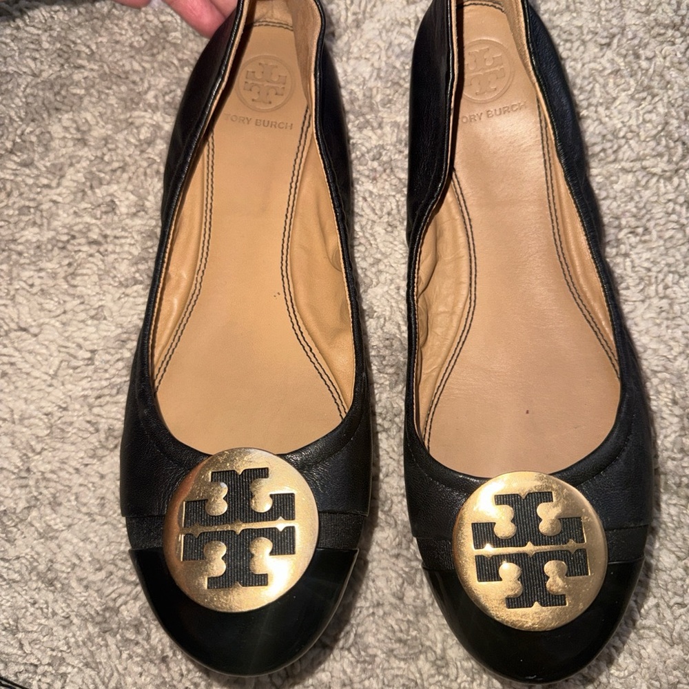 Tory Burch Black Leather Logo Medallion Flats